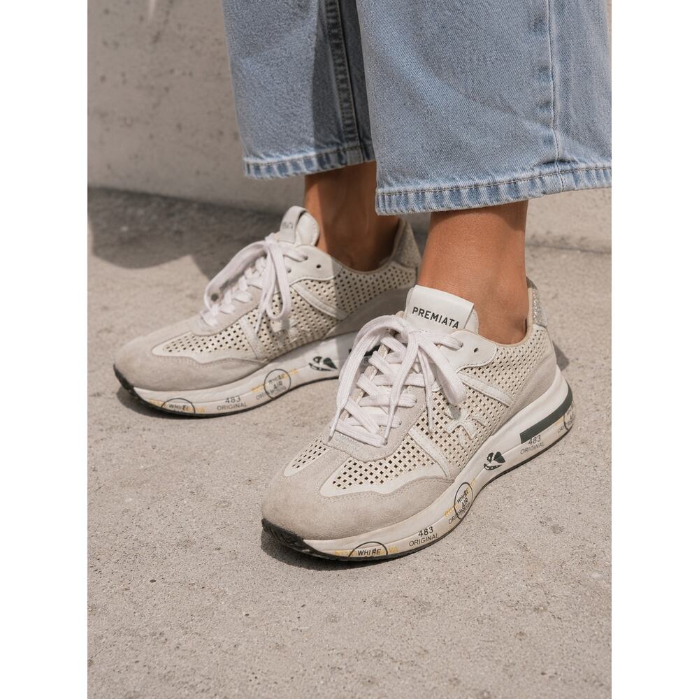 Premiata Mesh Sneakers Sz 37 White Cream Suede Glitter Heel Platform Italy